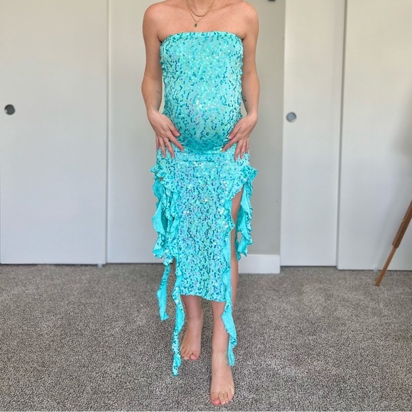 Handmade Mermaidcore Fairy Sequined Ruffle Dress - Acqua Blue - Size Small - Picture 1 of 8